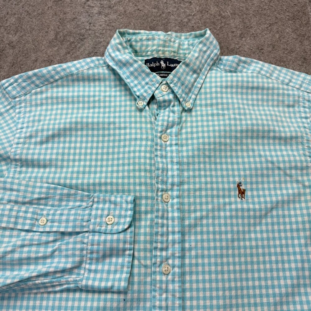 Ralph Lauren Oxford Shirt Men L Blue White Gingham Check OCBD Classic Fit